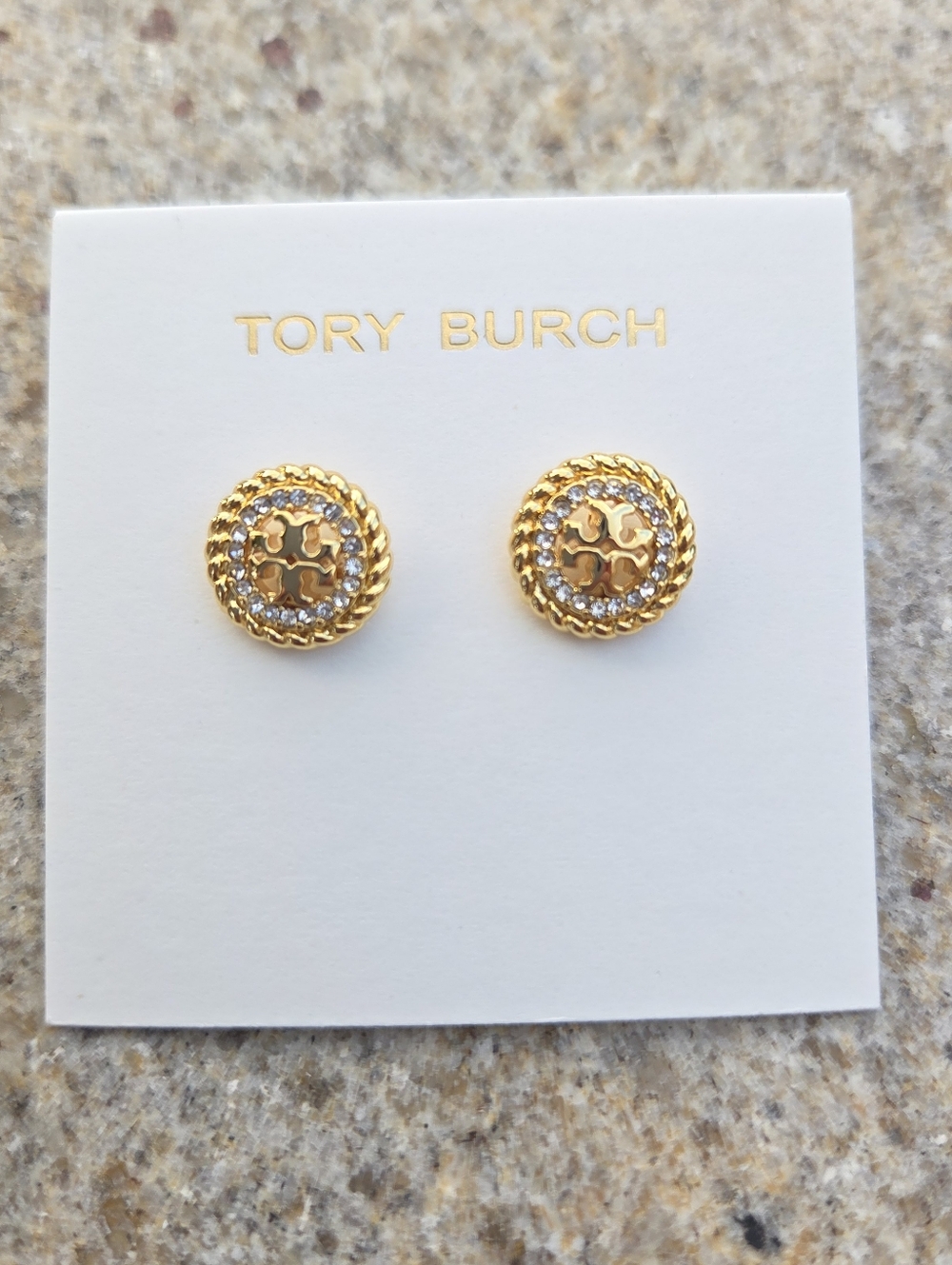 Tory Burch Gold Logo Crystal Stud Earrings